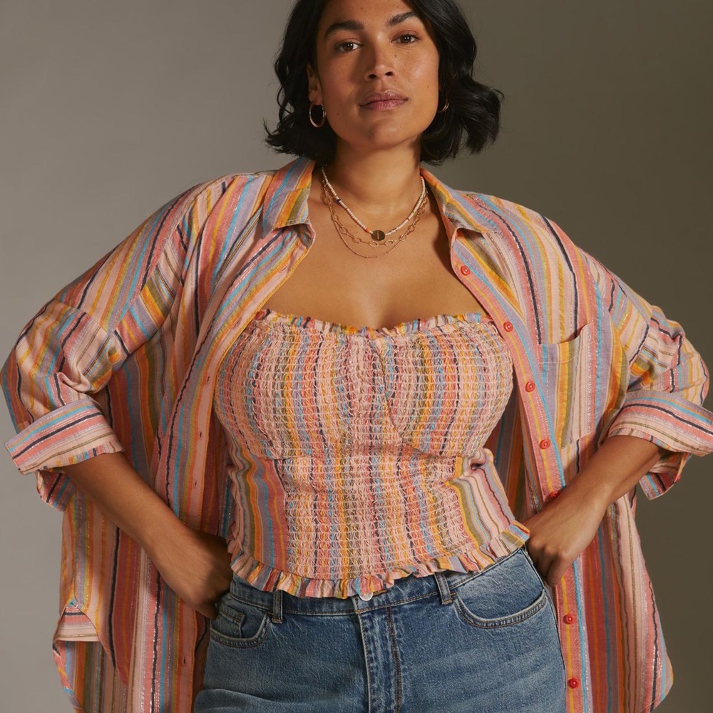✨ Anthropologie Rainbow Smocked Top Sz L - Picture 5 of 10